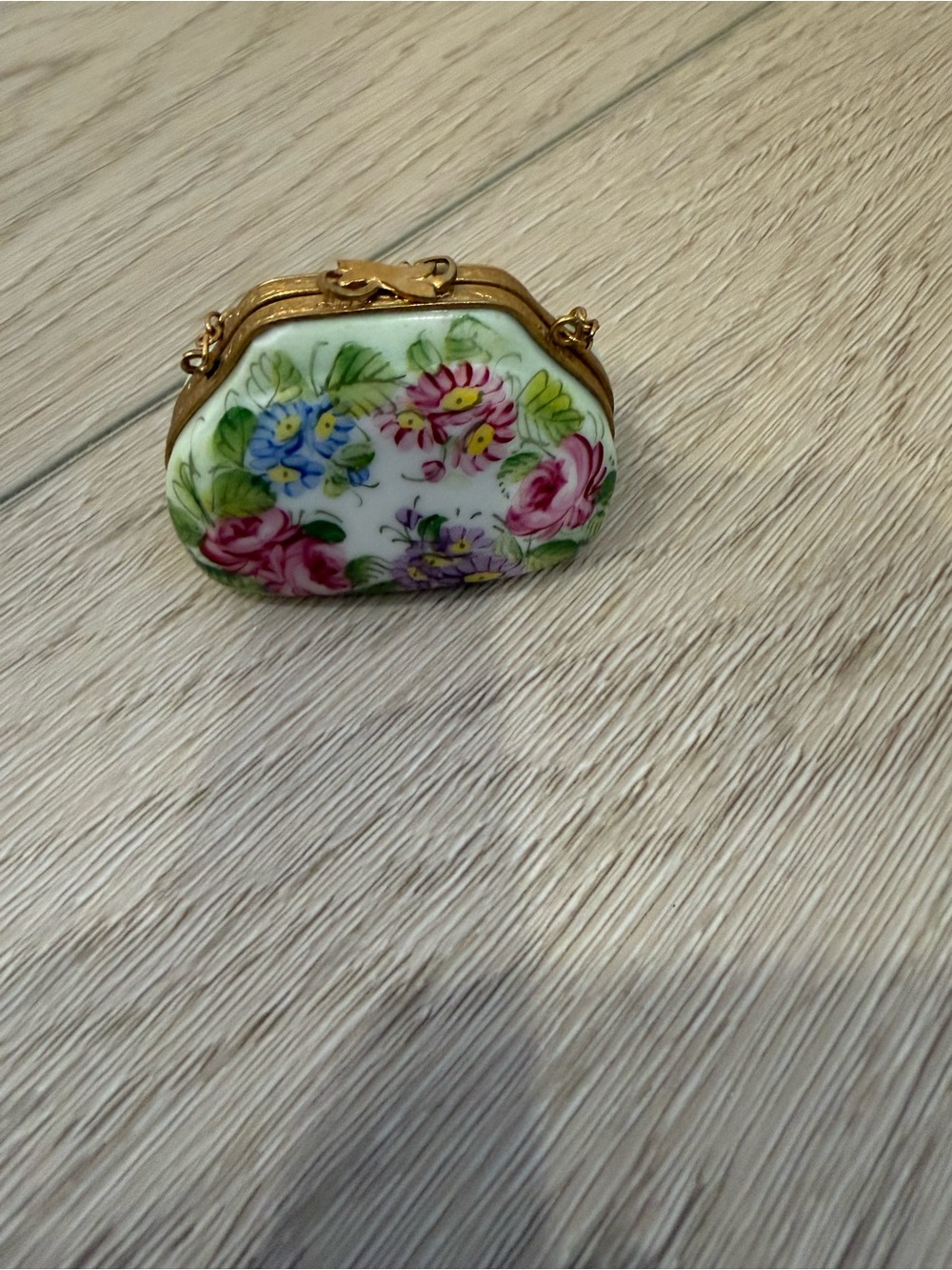 Limoges Floral Porcelain Trinket Box with Gold Tone Frame
